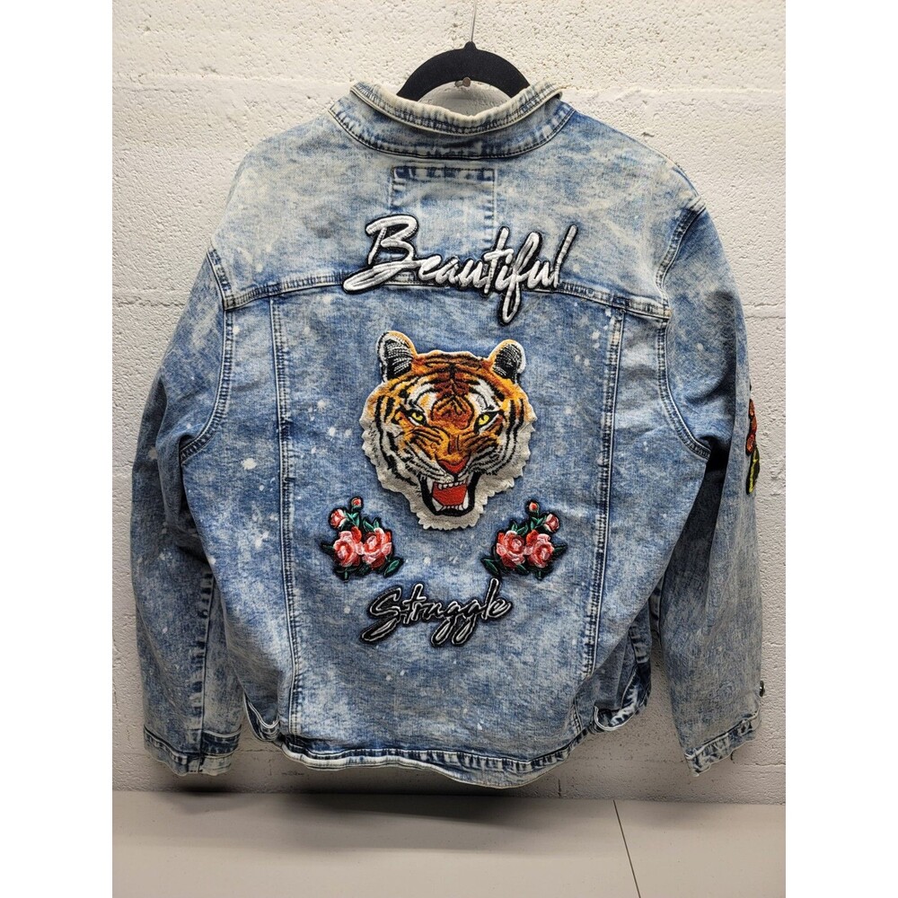 Rsine Vtg Embroidered Tiger Rose Bee Beautiful Struggle Denim Jacket Sz 2XL Rare